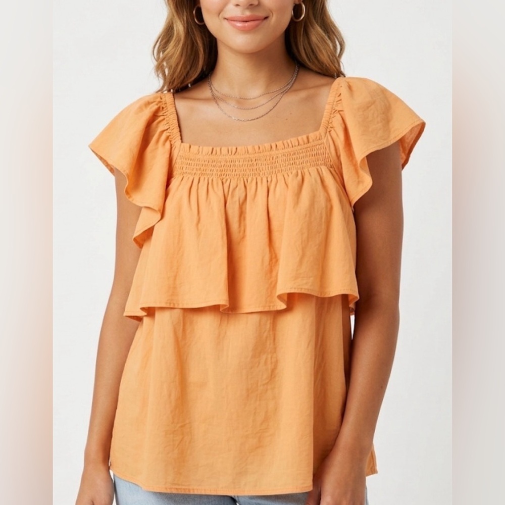 Heyson Light Orange Ruffled Flutter Sleeve Square Neck Top Small